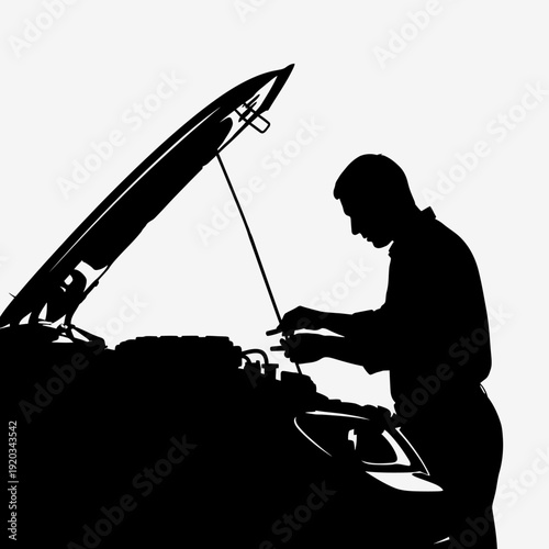Mechanic working on car engine, silhouette of auto repair service, vehicle maintenance concept