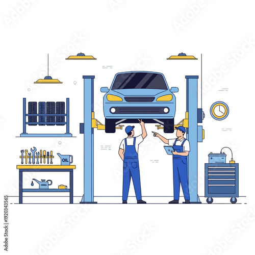 Mechanics inspecting car on lift in auto repair shop, tools and tires visible