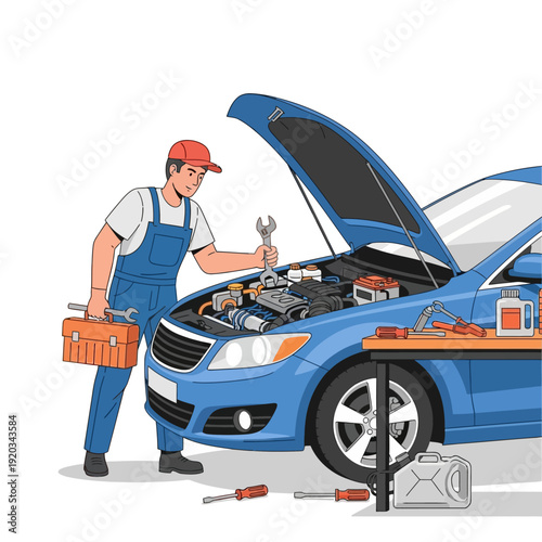 Mechanic repairing a blue car engine with tools, auto service concept
