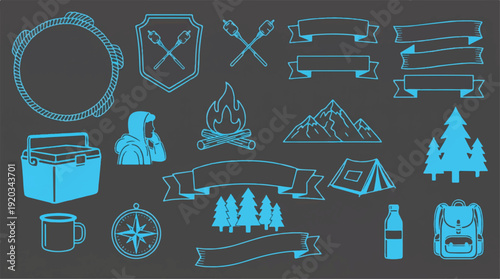 blue camping icons on gray background for outdoor adventure activities