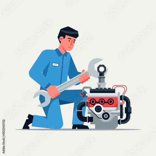 Mechanic repairing car engine with wrench, skilled auto technician working on vehicle motor