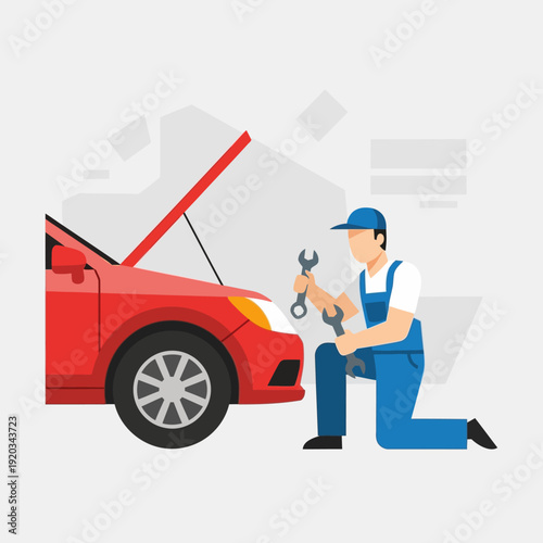 Mechanic repairing red car engine hood open, auto service concept