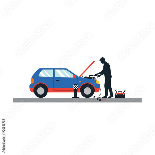 Mechanic repairs car engine with tools, auto service, vehicle maintenance, workshop concept