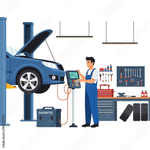 Mechanic using diagnostic tool on car lifted in auto repair shop