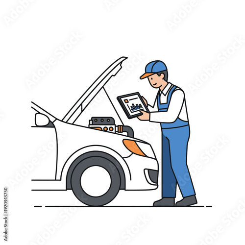 Mechanic using tablet to diagnose car engine, auto repair service, modern technology in workshop