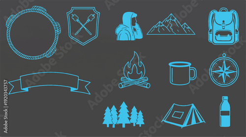Camping and hiking icons and symbols for outdoor adventures and travel