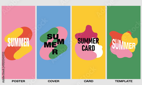 Vibrant abstract summer graphic designs with fluid organic shapes and bold typography, creating a cheerful, energetic mood for modern digital marketing.