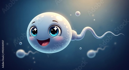 This 4K video features a cute and cheerful sperm cell cartoon character with bright expressive eyes, soft glowing lighting, Cute Cartoon Sperm Cell Character with Big Eyes Smiling in Dark Background