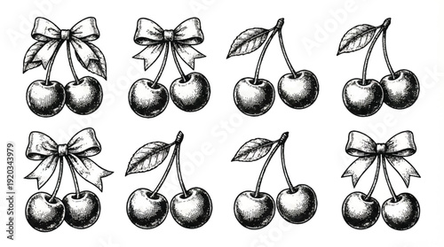Cherry illustrations with bows and leaves on white background