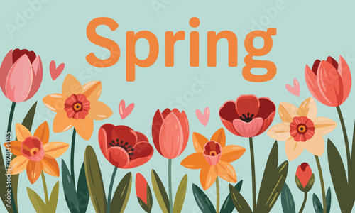 Brightly illustrated blooming tulips and daffodils, with hearts and 'Spring' text, on a light blue background, welcoming the joyful season.