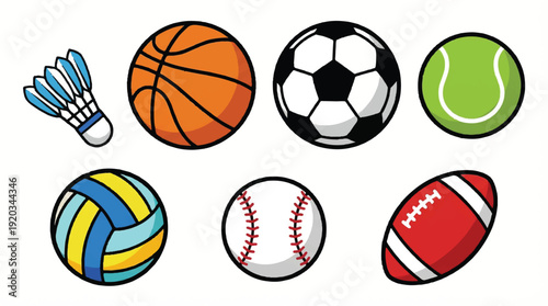 collection of various colorful sports balls and shuttlecock on white background
