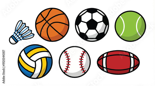 Collection of various colorful sports balls and shuttlecock on white background
