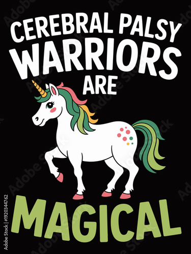 A colorful unicorn is placed centrally, accompanied by text promoting cerebral palsy awareness.