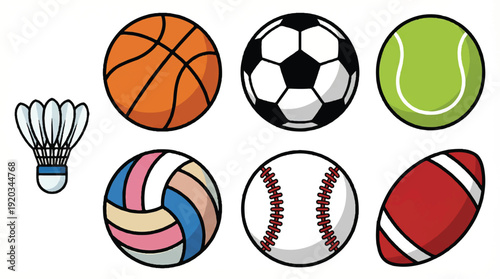 Colorful illustration of various sports balls and shuttlecock on white background