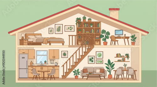 Cross section of a house with furniture and plants inside one story