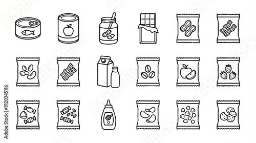 Food and drink packaging icons in black and white line art style on white background