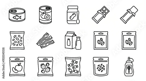 Food and drink product package icons in line art style
