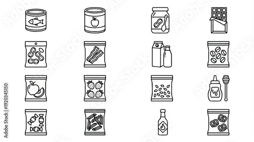 Food and drink product icons in black and white line art style