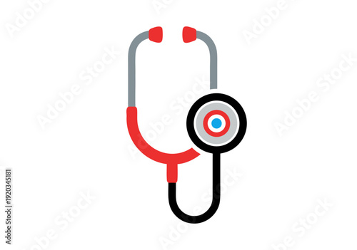 Simple vector illustration of a medical stethoscope with red gray earpieces on a white backdrop