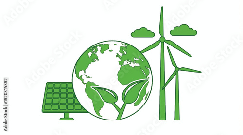 Green earth with leaves and renewable energy sources  solar panel and wind turbines
