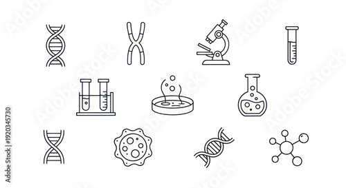 Science Icons: DNA, Microscope, Test Tubes, Flask, Petri Dish, Molecule
