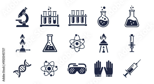 Science Icons: Microscope, DNA, Flasks, Syringe, Atoms, VR Goggles, Lab Equipment