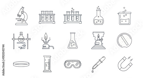 Science Icons: Microscope, Test Tubes, Beaker, Flask, Bunsen Burner, Goggles