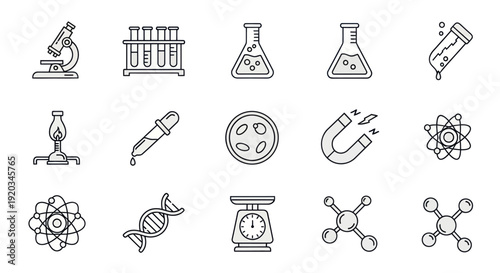 Science Icons: Microscope, Test Tubes, Beaker, DNA, Magnet, Atom, Bunsen Burner