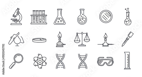 Science Icons Set: Microscope, DNA, Flasks, Lab Equipment, Research, Biology, Chemistry