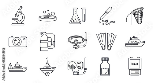 Scientific Research and Marine Biology Icons Set