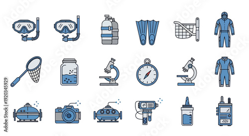 Scuba Diving and Underwater Research Icons Set: Snorkel, Fins, Suit, Microscope