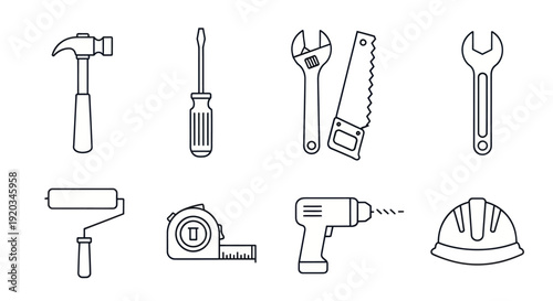 Set of Construction and Repair Tools Icons - Hammer, Screwdriver, Wrench, Saw