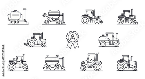 Set of Agricultural Tractors and Machinery Icons - Line Art