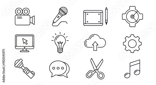 Set of Creative Icons: Video, Music, Design, Technology, Ideas, Cloud