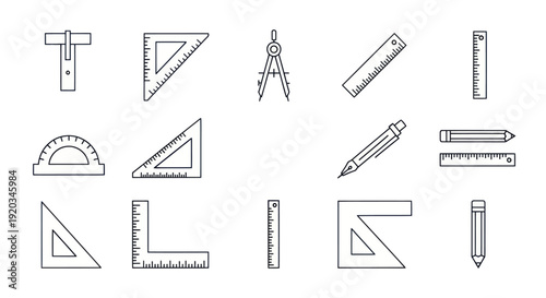 Set of Drawing and Measuring Tools Icons - Ruler, Compass, Protractor, Set Square, Pencil