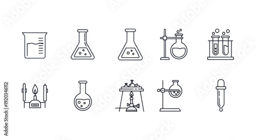 Set of Science Laboratory Equipment Icons: Beaker, Flasks, Test Tubes, Burner, Dropper