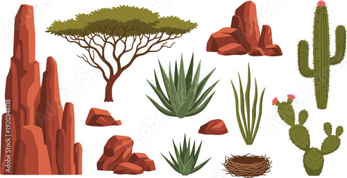 Árbol de acacia del desierto, roca, piedra, naturaleza seca, planta, escena, sabana, vegetación, clipart, ilustración, vector, plano, conjunto