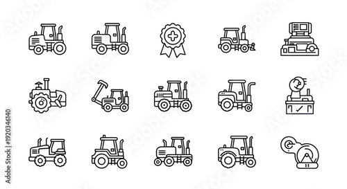 Set of Tractor and Heavy Machinery Icons - Outline Style