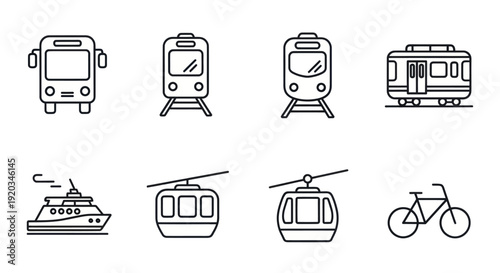 Set of Transport Icons: Bus, Train, Tram, Ferry, Cable Car, Bicycle