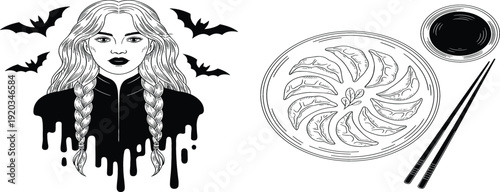 Gothic Halloween Woman Portrait with Bats and Dripping Ink Combined with Asian Dumpling Plate Line Art Vector Illustration