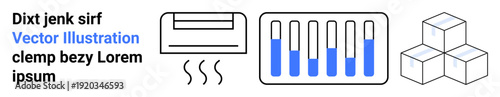 Air conditioner emitting cool airflow, tray of test tubes with varying blue liquids, and stacked geometric cubes. Ideal for technology, science, cooling systems, laboratory, engineering, innovation