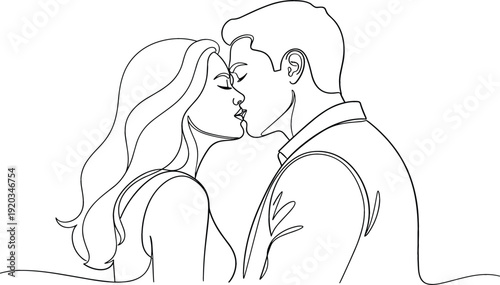 Minimal One Line Art Romantic Couple Kissing Vector Illustration Symbolizing Love, Intimacy, Relationship, and Emotional Connection Isolated on White Background