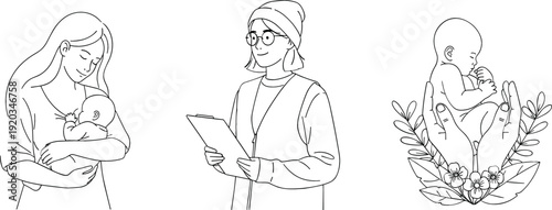 Minimal Line Art Motherhood and Healthcare Vector Illustration Set Featuring Breastfeeding Mother, Medical Worker, and Newborn Baby Care Concept