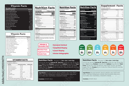 Nutrition facts, Supplement facts, Vitamin facts, Nutrition and Supplement Facts Packaging Template Vector, Regulatory Style Nutrition Facts Label Design