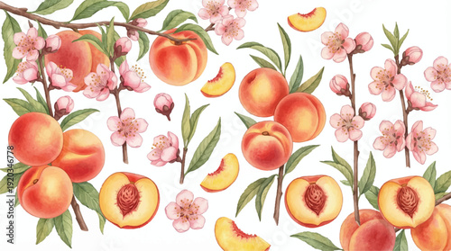 peaches and flowers on branches with green leaves and sliced fruits