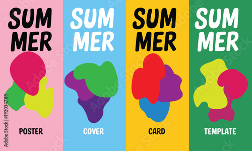 Graphic designs with bold 'SUMMER' typography on colorful abstract shapes, conveying a cheerful holiday feel in a bright, modern aesthetic.