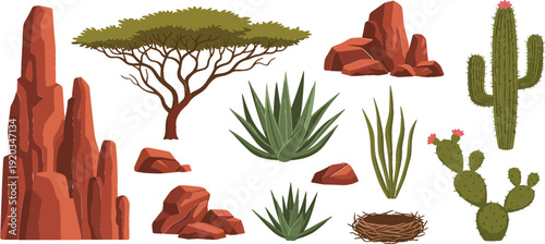 Desert Landscape Vector Illustration Set with Cactus, Succulent Plants, Acacia Tree, Rocks and Arid Nature Elements Isolated on White