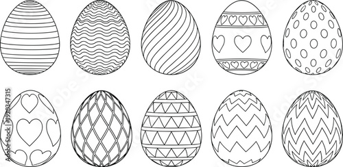 Hand drawn Easter egg collection, decorative line art eggs with patterns, black outline spring holiday illustration set for coloring pages
