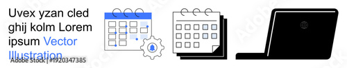 Time management, productivity tools, remote work, business planning, calendar organization, digital scheduling. Calendar icons, settings gear and laptop. Time management and productivity tools