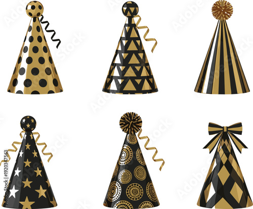 Black gold party hats collection, luxury birthday celebration accessories with ribbons confetti stars patterns, festive holiday flat vector illustration